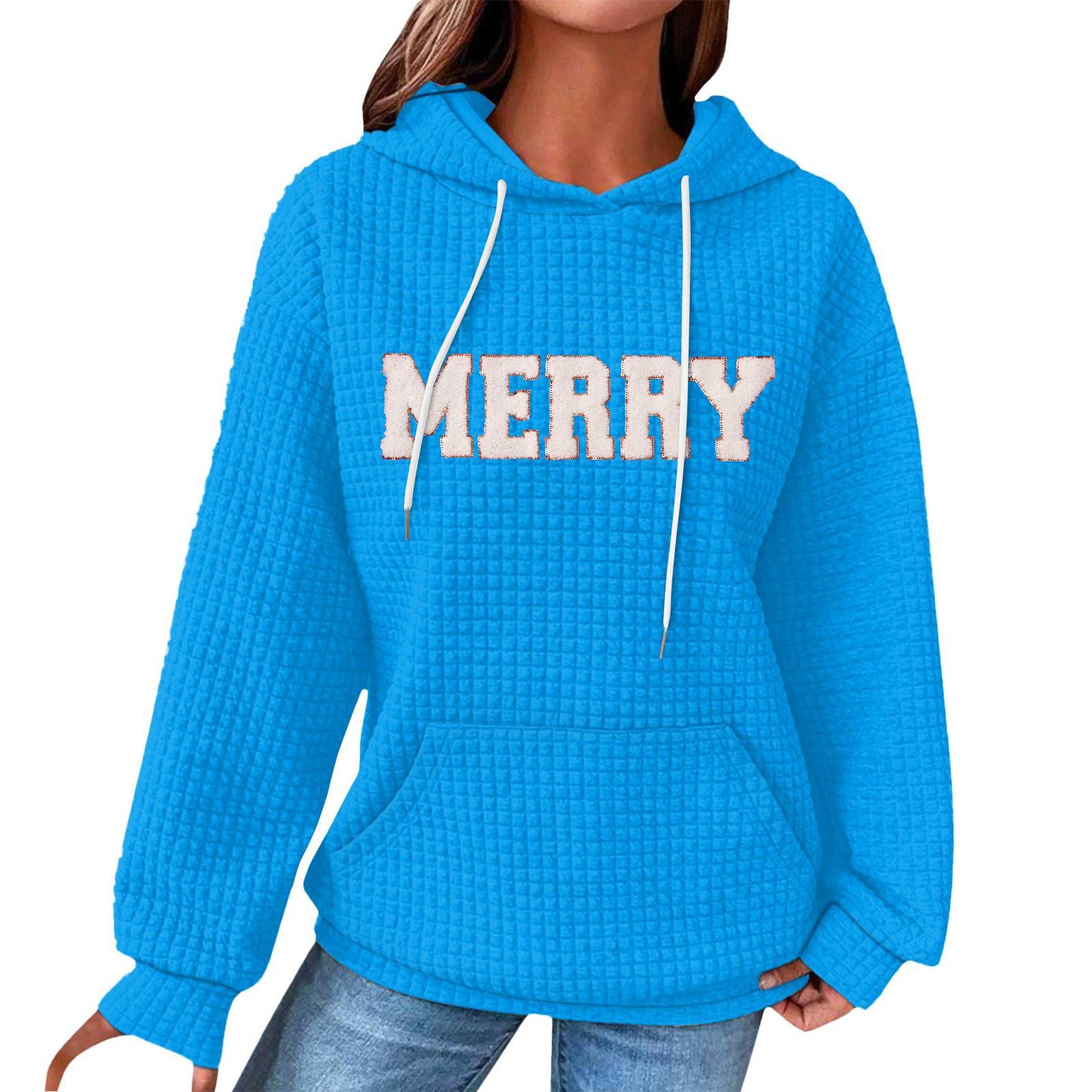 

Женский модный свободный пуловер с капюшоном, длинными рукавами, клетчатый свитшот с кулиской, со спущенным плечом, карманом, рождественским принтом XL синий