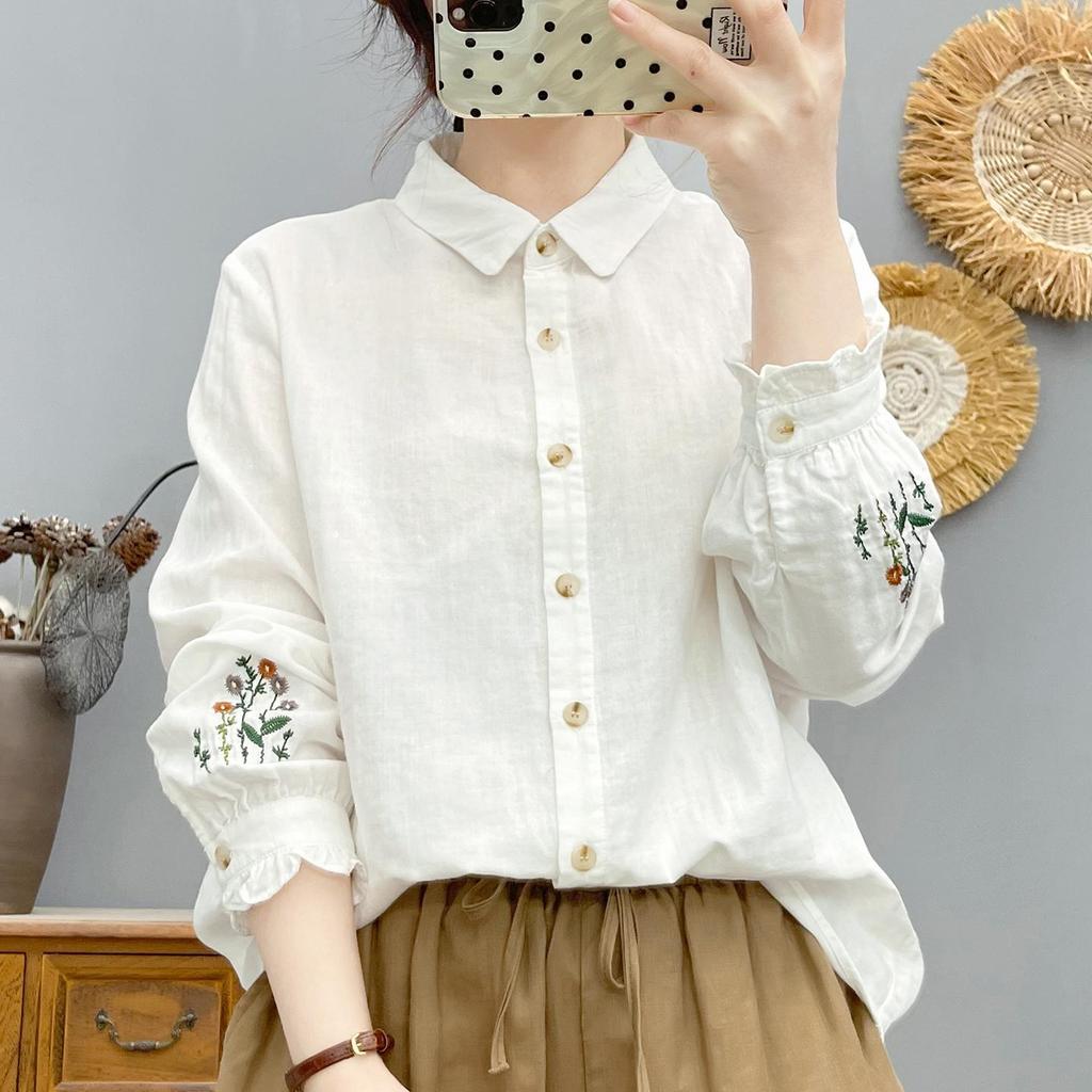 Women's Forest Style Embroidered Cotton Gauze Shirt: Long Sleeve, Soft, Breathable, Loose Fit, Slimming, Pure Cotton Top