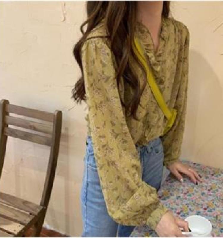 1116 New Shirt Korean Version of Foreign Style Gentle Wind Floral Chiffon Shirt Women's Long-sleeved Bottoming Shirt Bubble Sleeve Top
