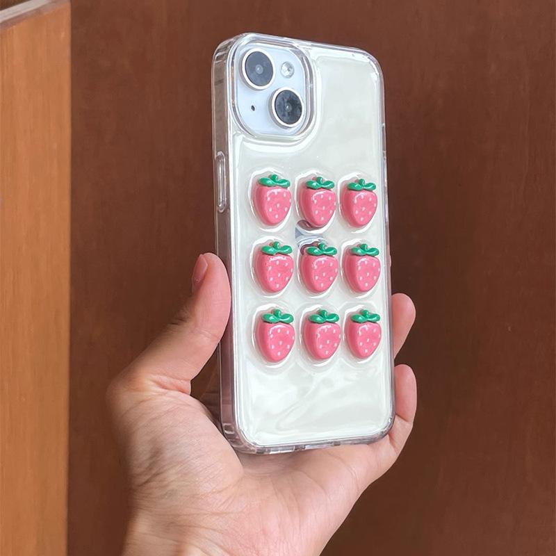 Epoxy Three-dimensional Pink Strawberry for IPhone16Promax Mobile Phone Case for Apple 15 Female New Model 14 Transparent 17
