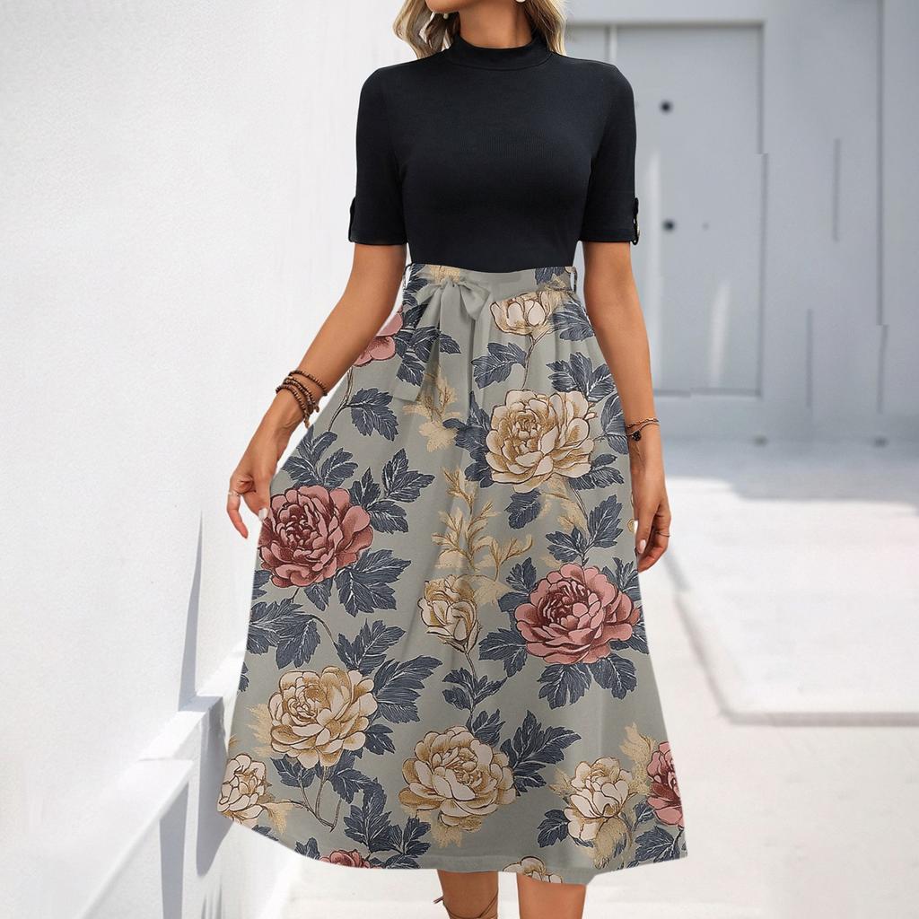 Women's Fashion Casual Belt Short Sleeve Round Neck Floral Elegant Temperament Dress