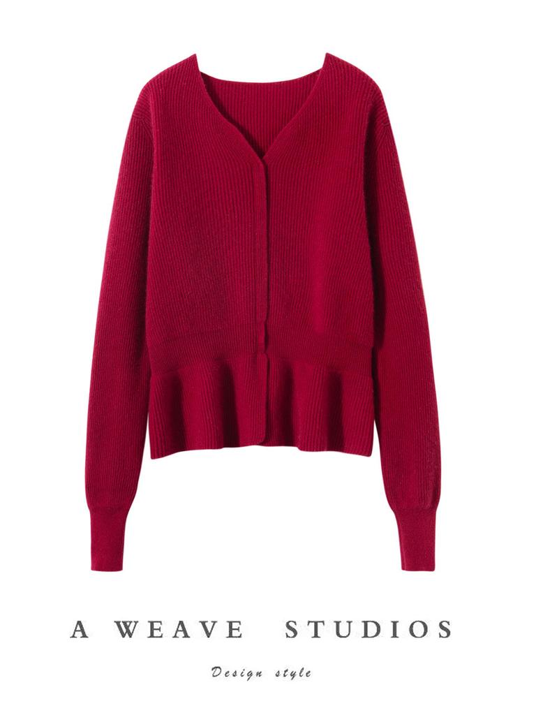Korean Style Ruffle Hem Knit Cardigan - Women's Slim-Fit Waist-Cinching Outerwear for Autumn
