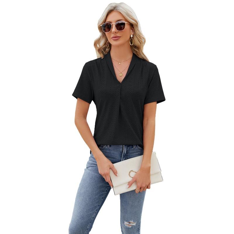 Women's Spring and Summer New, V-neck Jacquard, Loose Tops, Lapel Swallowtail, Short Sleeve T-shirt