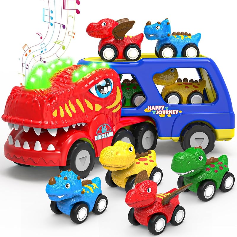 Dinosaur Toys for 1 2 3 4 5 Year Old Boy, Dinosaur Trucks for Toddlers 2-4 Years with 4 Small Pull Back Dino Cars, Kids Christmas Birthday Gifts for