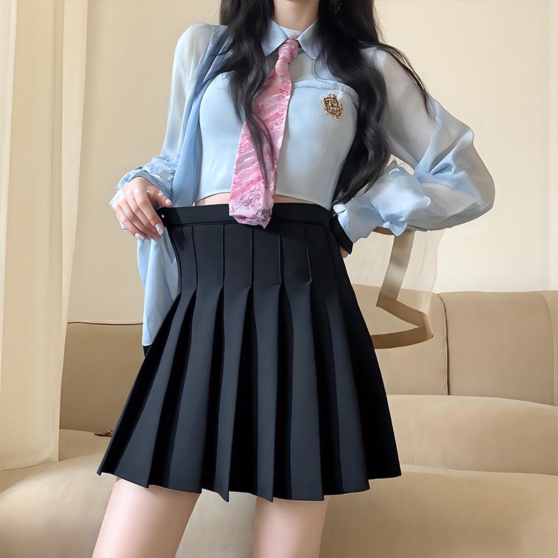 2025 High Waist Black Pleated Midi Skirt for Women - A-Line, College Style, Anti-Exposure, Slimming Fit