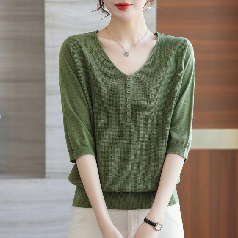 

Женская трикотажная футболка с V-образным вырезом и средним рукавом, летнее платье для мам, свободная стильная трикотажная тонкая рубашка 3XL