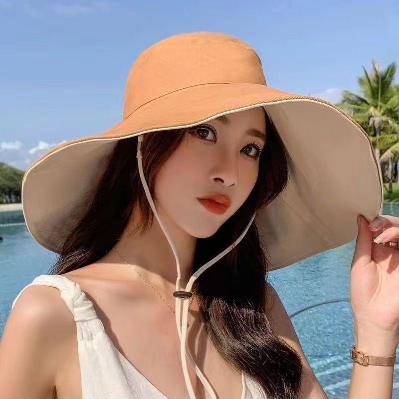 Women's large brim bucket hat UV protection face cover sun hat fashion sunshade basin hat embroidery