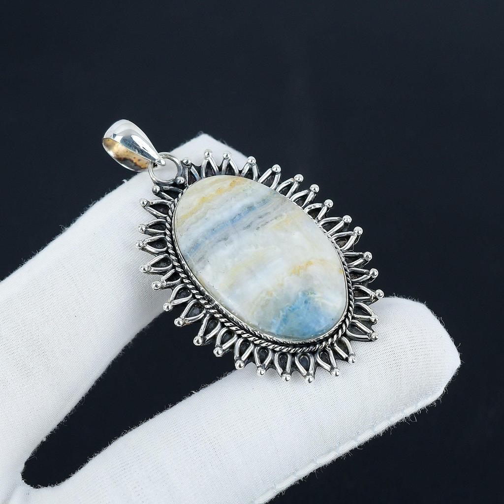 Dainty Blue Scheelite Gemstone Silver Pendant in 925 Sterling Silver - Handmade Oval Design, Everyday Wear Jewelry Mother's Day Gift