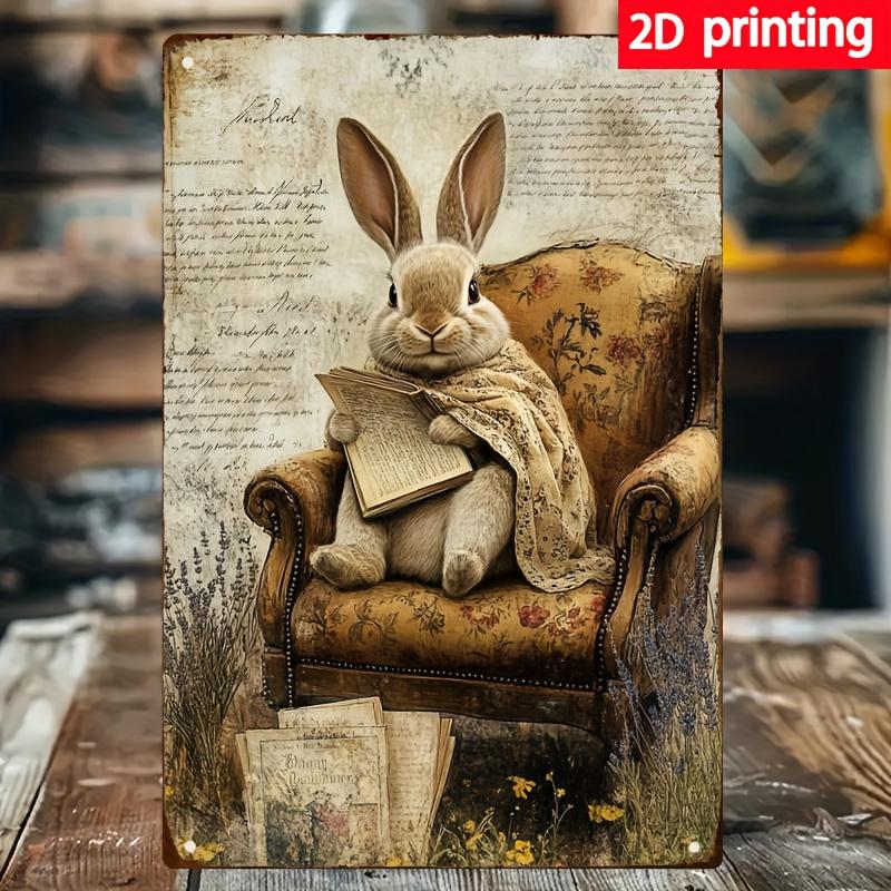 Reading Bunny Metal Wall Art Rustic Iron Plaque with Antique Book Floral Design Perfect for Home Office Bar Garden o
