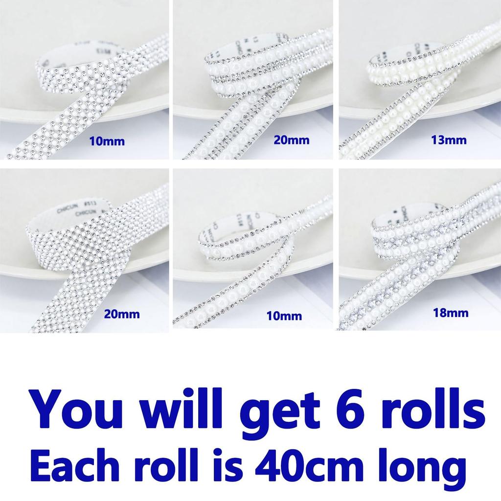 6 Rolls Resin Pearl Rhinestone Ribbon, Self Adhesive Crystal Ribbon Stickers Crystal Pearl Strips Diamond Ribbon for DIY Decors
