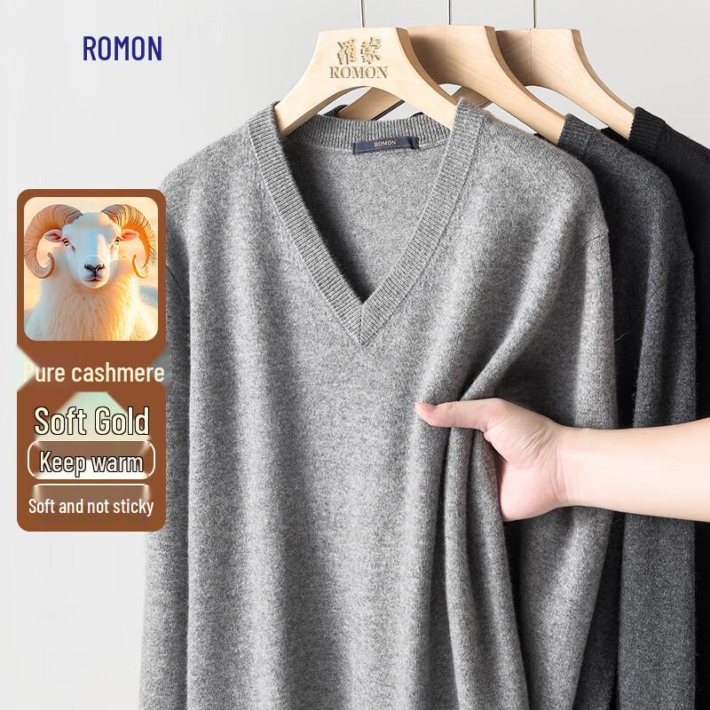 Romon Men's V-Neck Pure Cashmere Sweater for Autumn/Winter