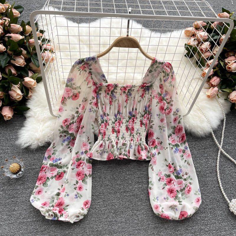 French Sweet Printed Chiffon Shirt for Early Autumn Women, Slim and Slimming, Short Bubble Lantern Sleeve Top for Women