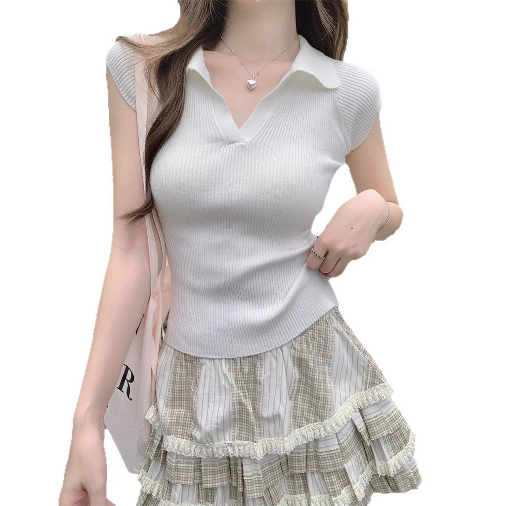 Polo collar short-sleeved t-shirt women's summer new slim-fit inner bottoming shirt small fly-sleeved knitted sweater top trendy