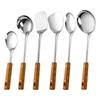 Stainless Steel Cookware Set with Heat-Resistant Wood Grain Handles, Spatula, Slotted Spoon, and Ladle - Durable Kitchen Utensils