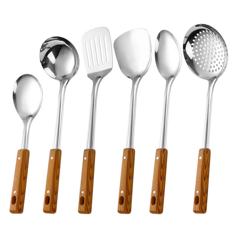 Stainless Steel Cookware Set with Heat-Resistant Wood Grain Handles, Spatula, Slotted Spoon, and Ladle - Durable Kitchen Utensils