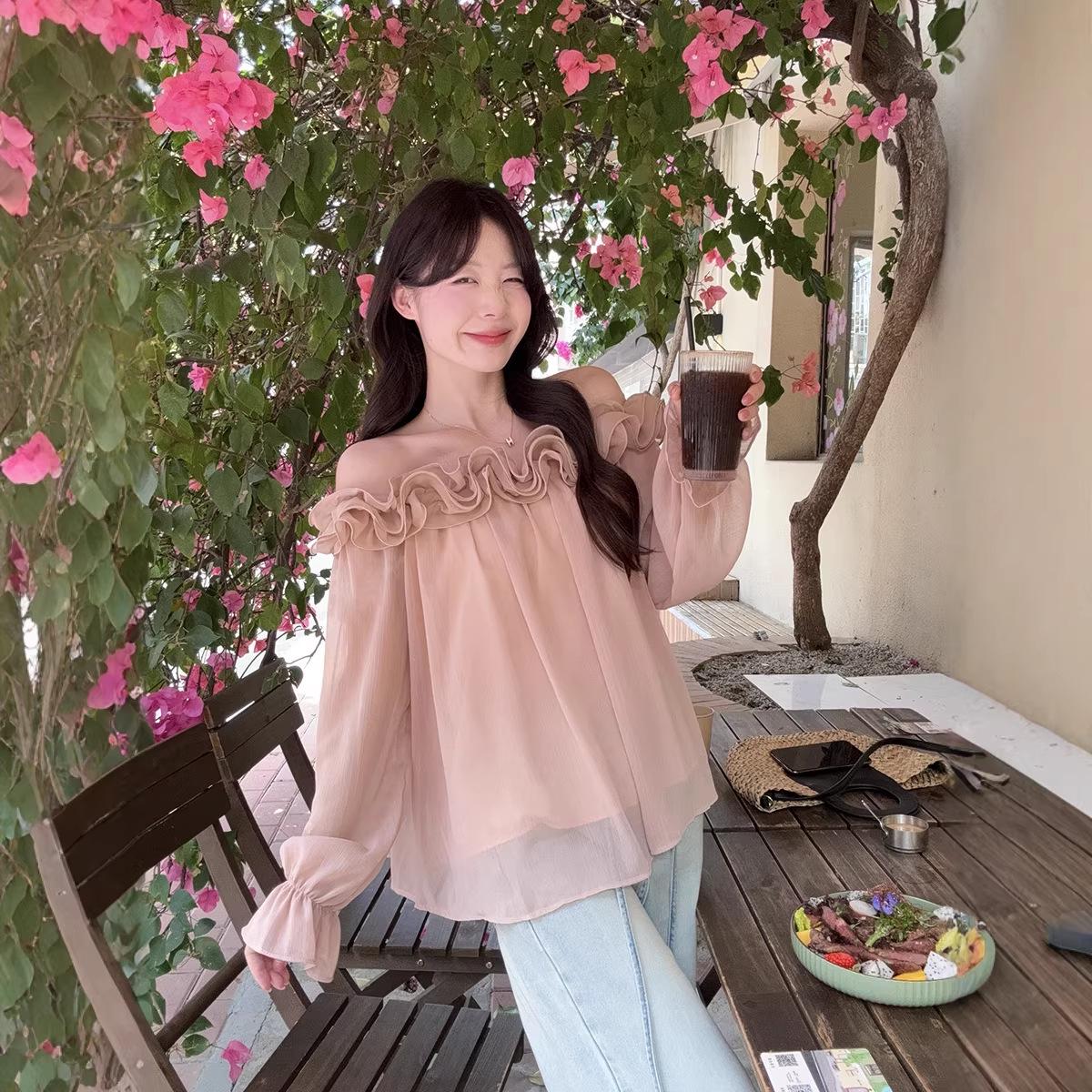 Chic French Lace One-Shoulder Chiffon Blouse 4XL
