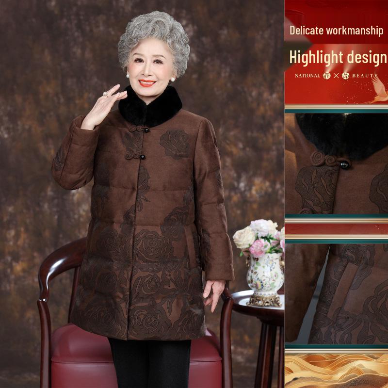 Elderly Women's Thickened Winter Down Jacket with Real Fur Collar