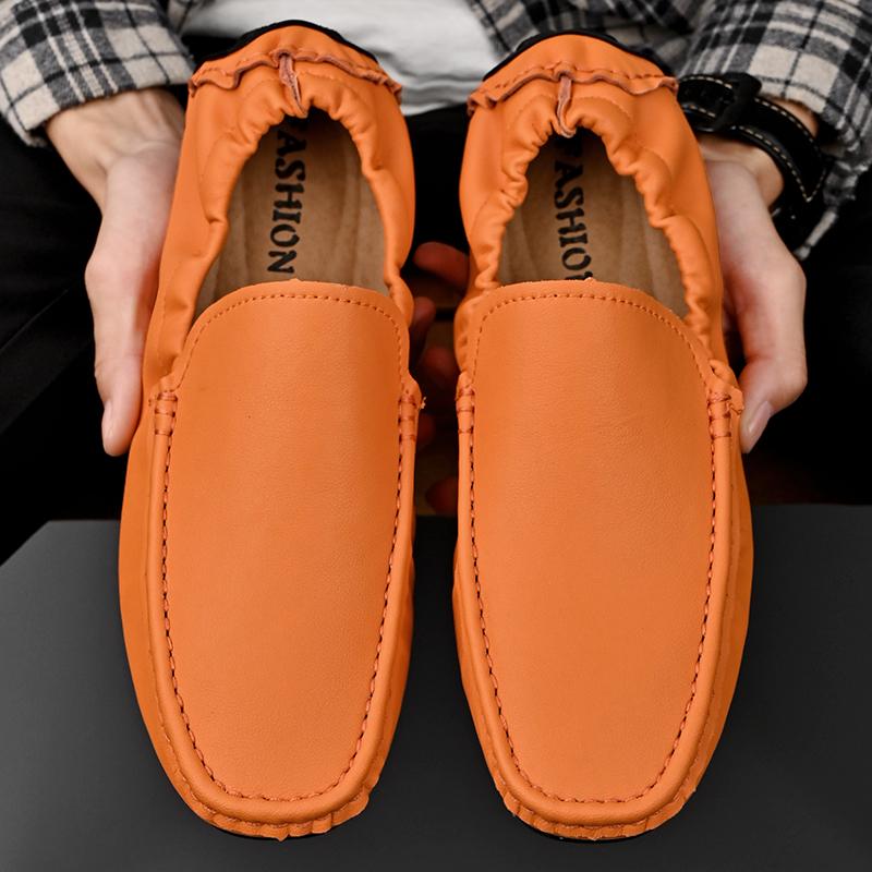 Fashion Genuine Leather Men Loafers Shoes High Quality Moccasins Driving Shoes Green Orange Office Shoes Casual Loafers Big Size 38-49