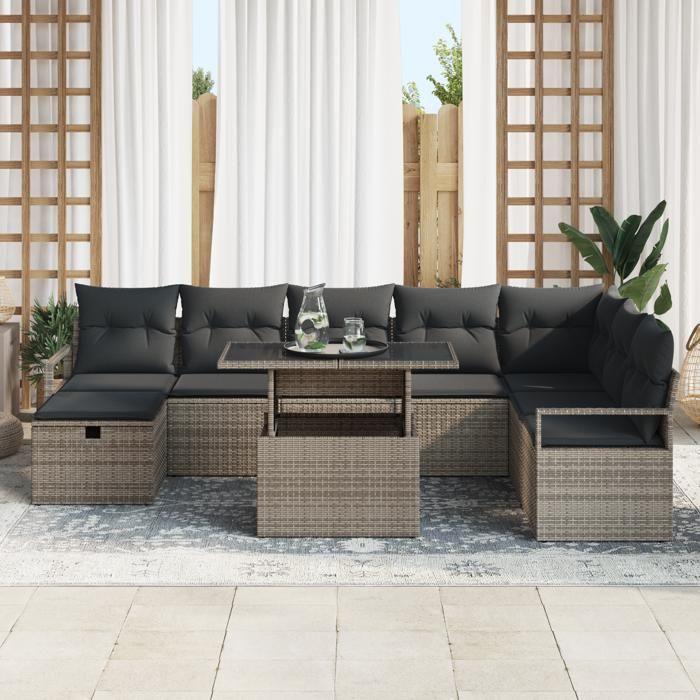 Ensemble de Canapés de Jardin 9 pièces avec Coussins gris Rattan Synthétique, Canapé de Jardin 2 places avec Coussins gris 3359816
