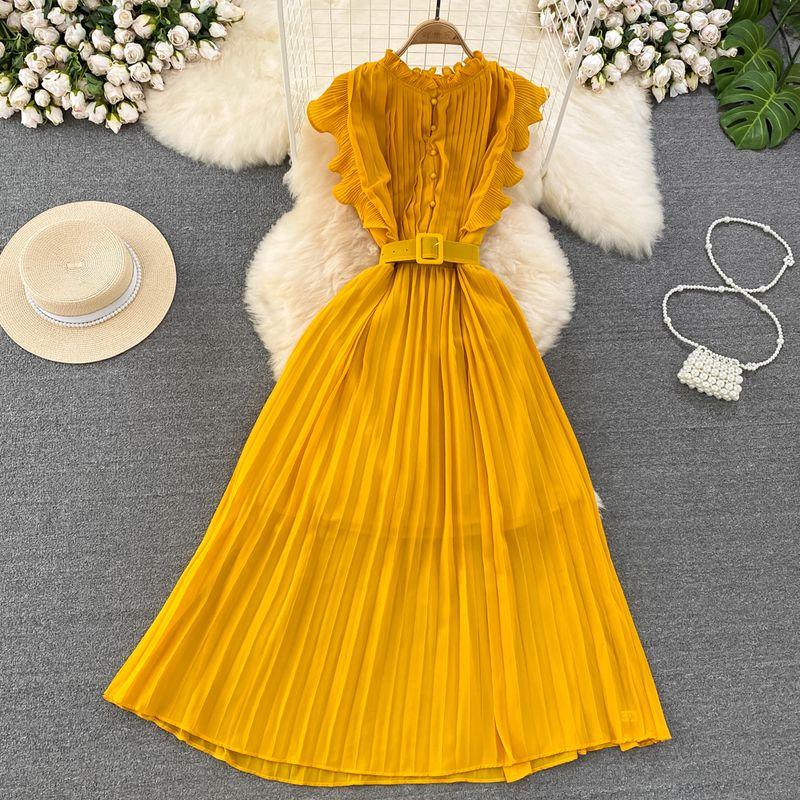 Fancy Light Luxury Temperament Flying Sleeves round Neck Waist Trimming Slim Looking A- line Pleated Dress Elegance Swing Long Dress