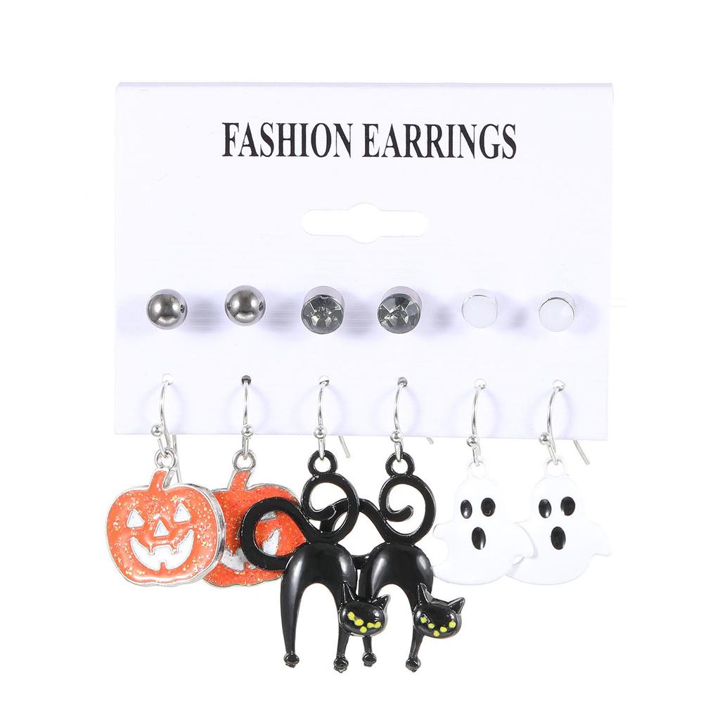 Cross-Border Halloween Earrings Set: Ghost, Pumpkin, Witch, Skeleton, Spider, Black Cat, Bat, Spider Web Ear Studs