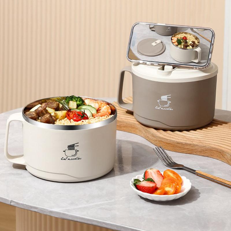 Tazón de Espuma de Acero Inoxidable 304 Gran Capacidad Doble Capa Anti-Escaldaduras Lonchera Con Vajilla/Tapa Puede Escurrir Tazón para Ramen