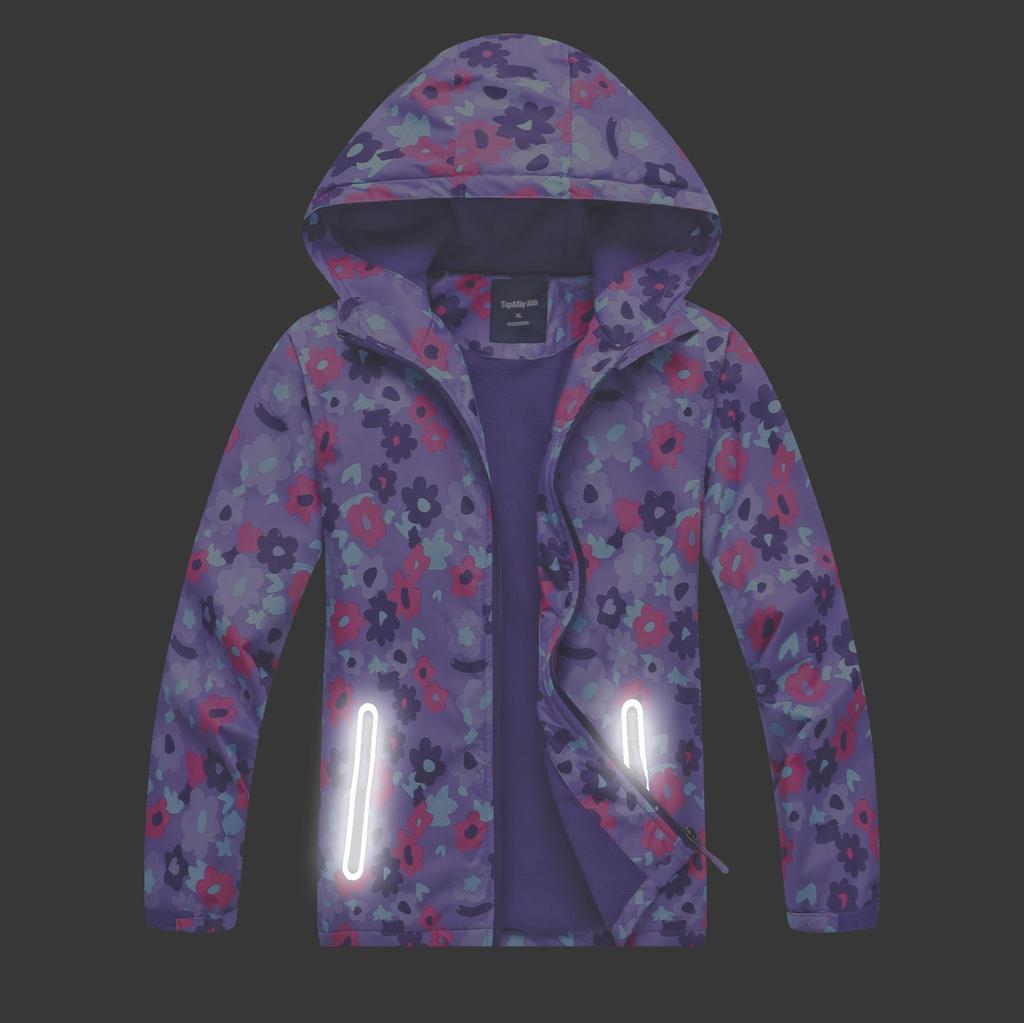 Girls' Candy Color Waterproof Windbreaker Jacket: Hooded, Breathable, Fleece-Lined, Printed.