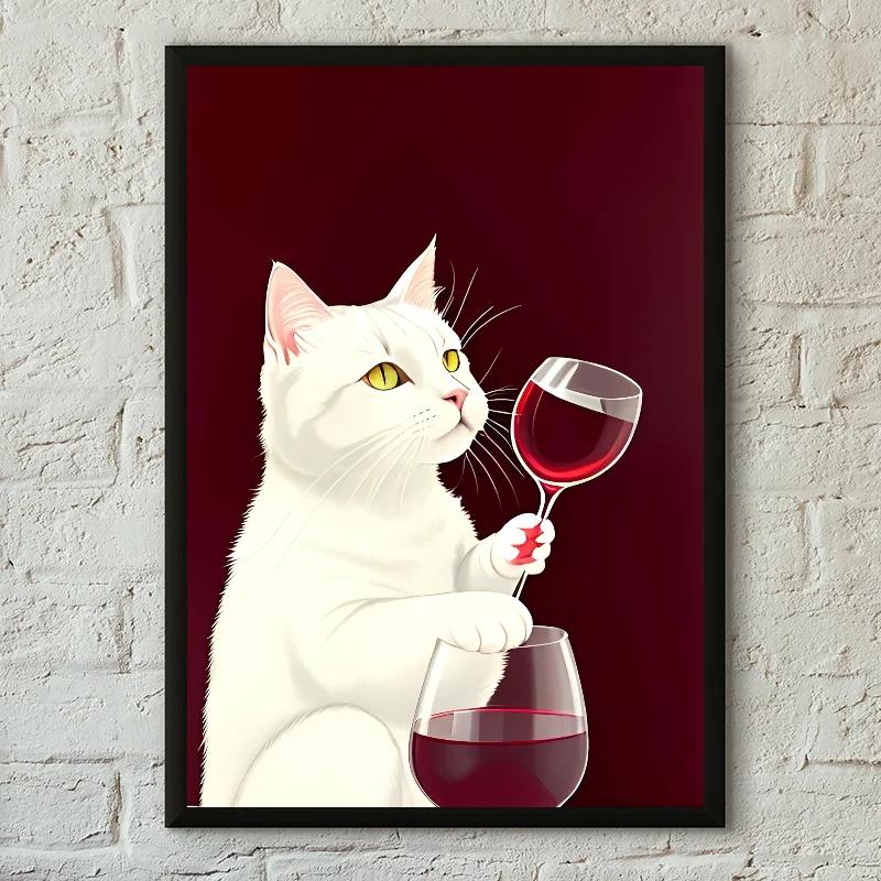 1PC Funny Black White Cats Red Wine Poster Poster Print Home Living Room Bedroom Entrance Bar Cafe Art Canvas Painting Decor