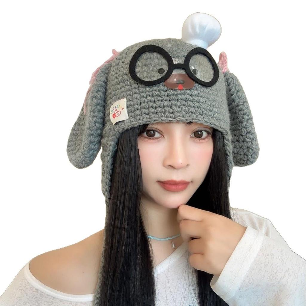 Damen-Wollmütze Herbst/Winter 2025 mit lustigem Welpenohren- und Brillen-Design