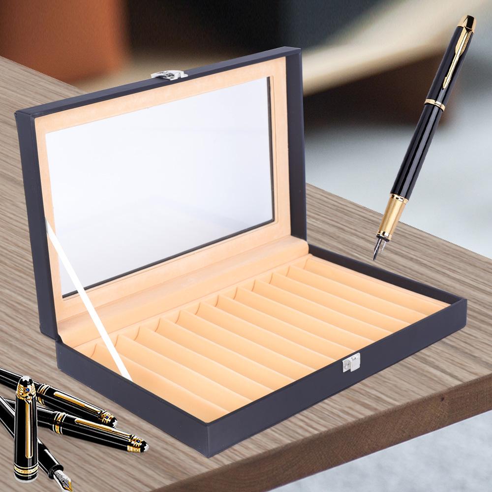 12 Slots Fountain Pen Storage Box, Wooden Pen Display Organizer with PU Leather Cover, Collector Case  for Writing Enthusiasts