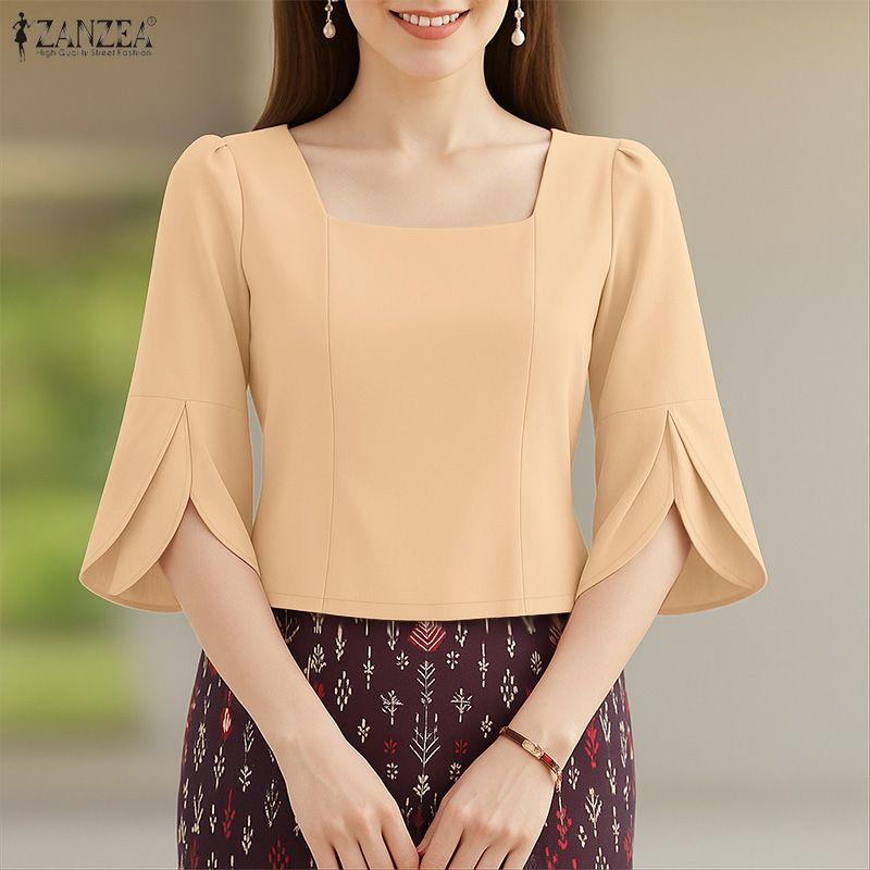 ZANZEA Women Square Collar Summer Casual 3/4 Sleeve Elegant Blouse