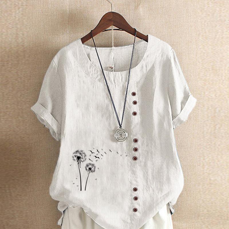 Women's Fashion Black Dandelion Prined Short Sleeve T-shirt Loose Cotton Shirt Casual Loose Summer Blouse Plus Size Tops