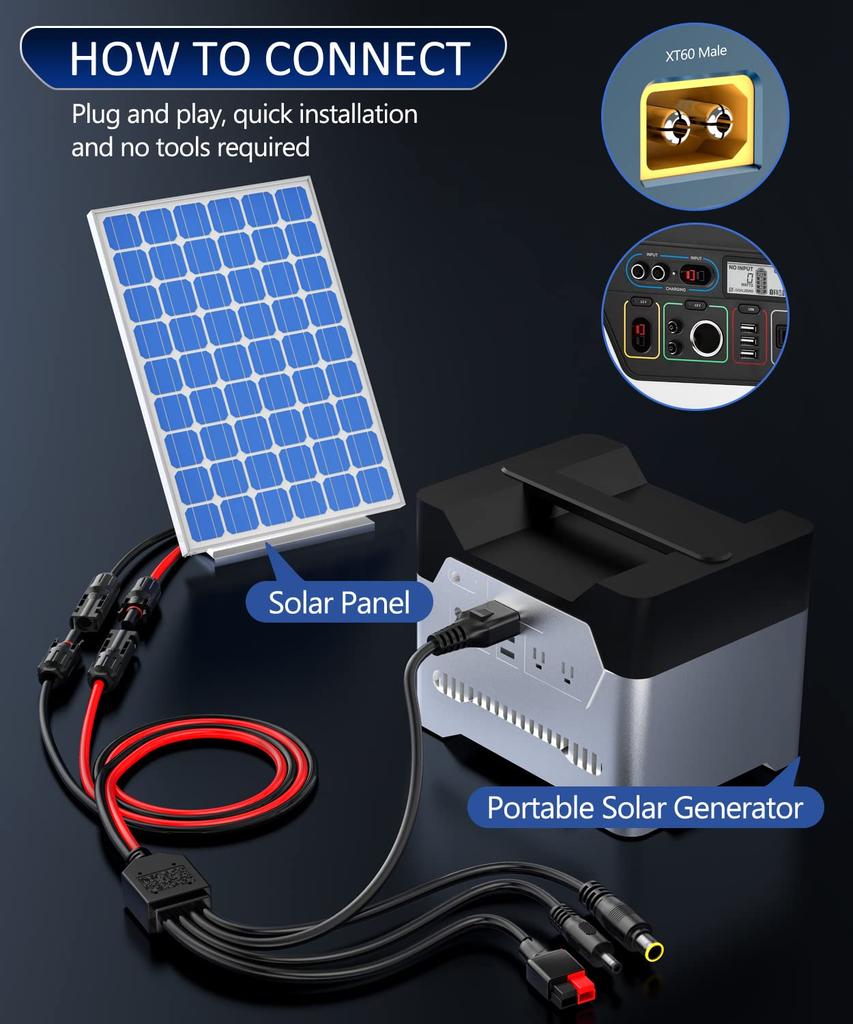 39/70 inch 4-in-1 Solar Panel Connector Extension Cable Splitter Compatible with Anderson Connector DC Adapter Power Plug XT60