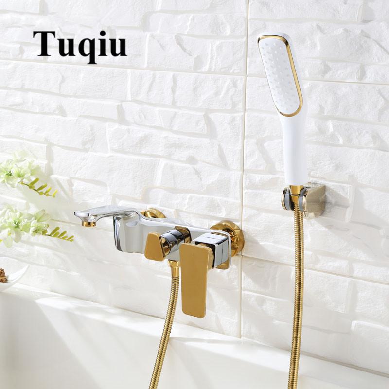 Tuqiu Bathtub Shower Set Wall Mounted Gold and White Bathtub Faucet, Bathroom Cold and Hot Bath and Shower Mixer Taps Brass
