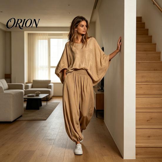 Loose Fit Women Set Women's 2 Piece Sets, Crew Neck Batwing Sleeve Top Two-piece And Lantern Pants Summer Travel Vacation Outfits with Pockets Suit