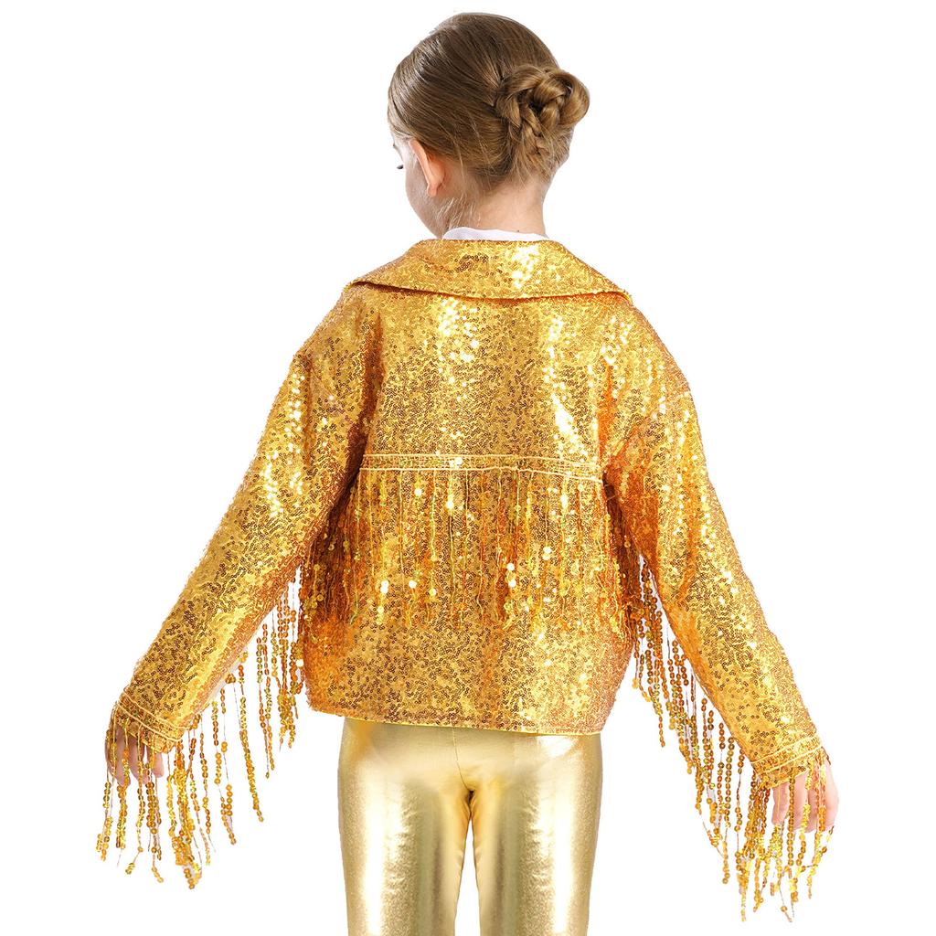 Mädchen Party Jacke Glitzernde Pailletten Quasten Detail Langarm Offen Vorne Bühnenkostüm Mantel