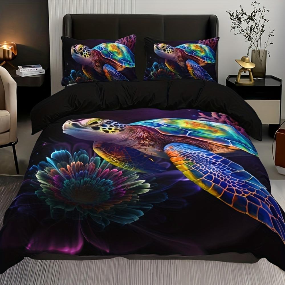

3pcs Black Bedding Set Colorful Sea Curtles Printed Cozy Duvet Cover Set King Queen Twin Single Size Birthday Gift Bedroom Decor EU Single 135x200cm
