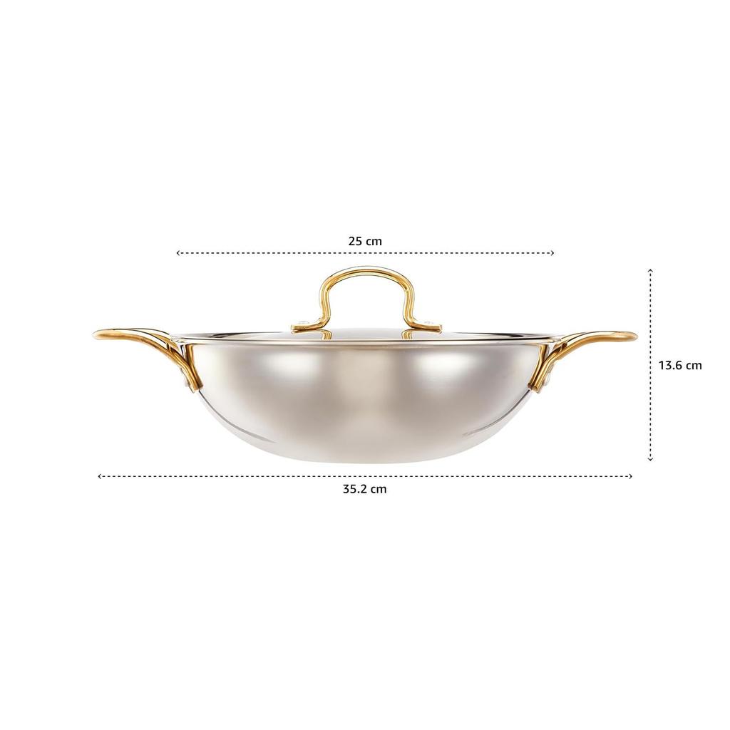 Stainless Steel Triply Kadai 24 Cm with Ss Lid and Pvd Coated Handles (Gold and Rose Gold Colour)