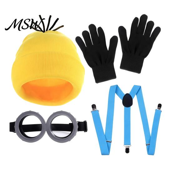 Holiday Masquerade Dress Up Knit Hat Costume Set, Retro Round Glasses Suspenders Gloves, Halloween Party Adjustable Elastic Cosplay Accessories
