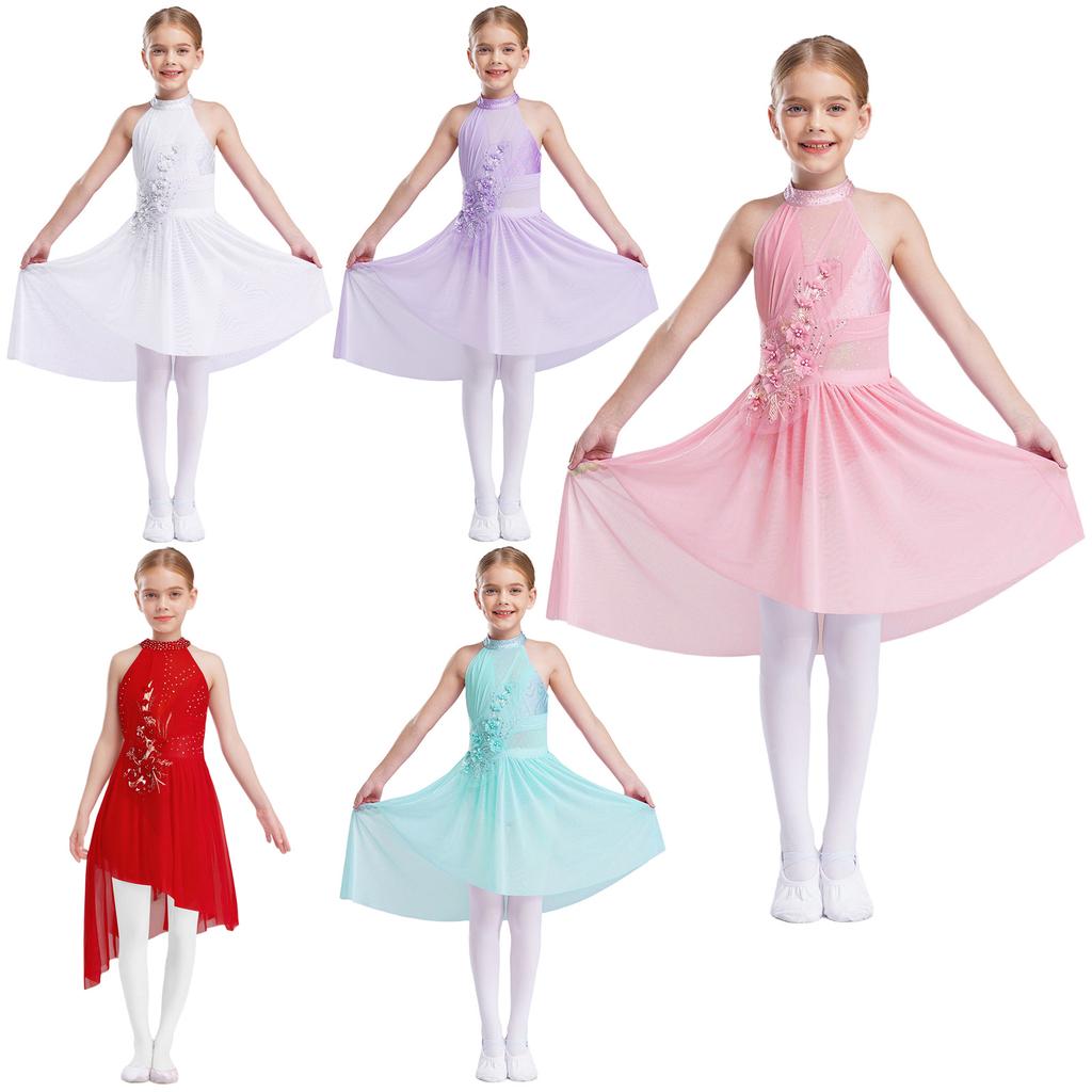Kids Girls Ballet Lyrical Dance Dresses Sleeveless Irregular Hem Shiny Sparkly Rhinestones Delicate Applique Dress Dancewear