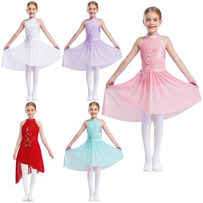 Kids Girls Ballet Lyrical Dance Dresses Sleeveless Irregular Hem Shiny Sparkly Rhinestones Delicate Applique Dress Dancewear