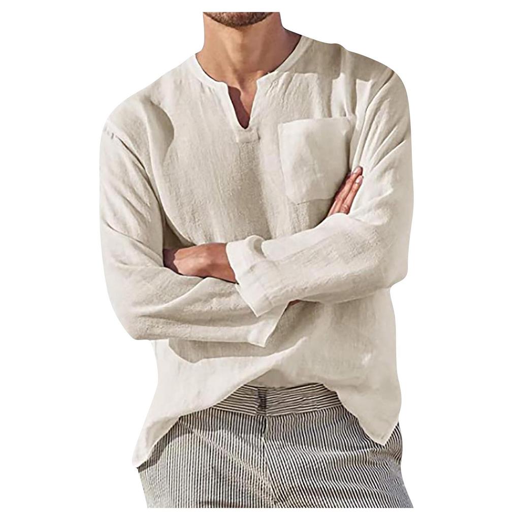 Designer Spring Summer Men's Casual Cotton Linen Solid Color Long Sleeve Shirts Loose Stand Collar Shirts