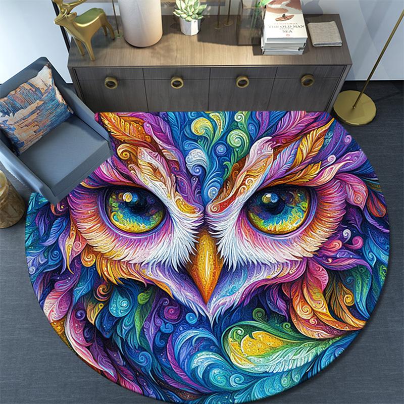 Colorful Owl Round Area Rug,Carpet Rug for Living Room Bedroom Sofa Playroom Decor,Non-slip Floor Mat
