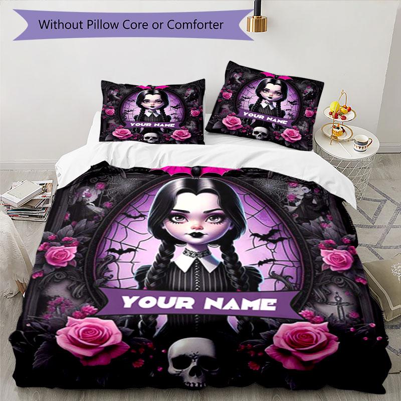 3PC Custom Name Gothic Halloween Portrait Bedding Set Printed Bedding Set Duvet Cover Closure Includes 1 Duvet Cover & 180 Pillowcases for Bedroom