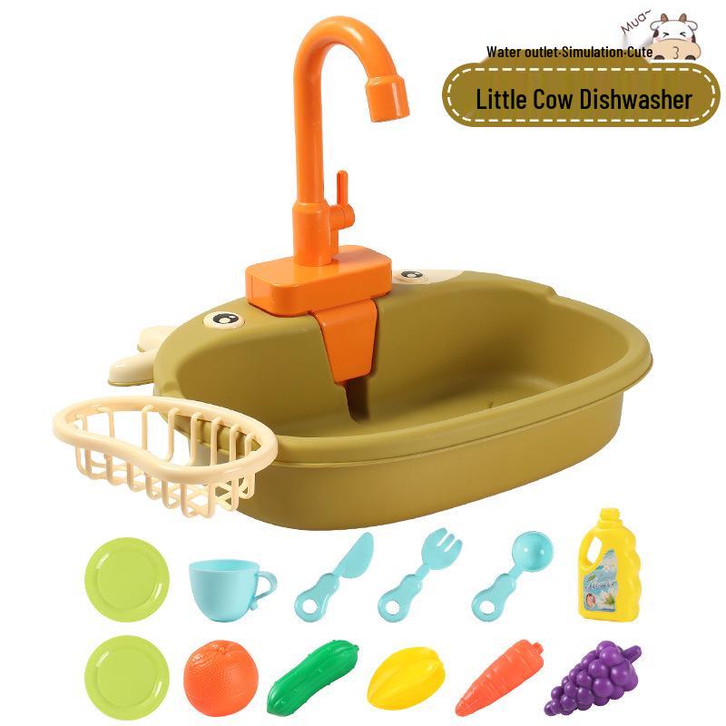Cartoon Cow Electric Faucet Toy Kitchen Set with Sink, Stove, and Play Fruits & Vegetables