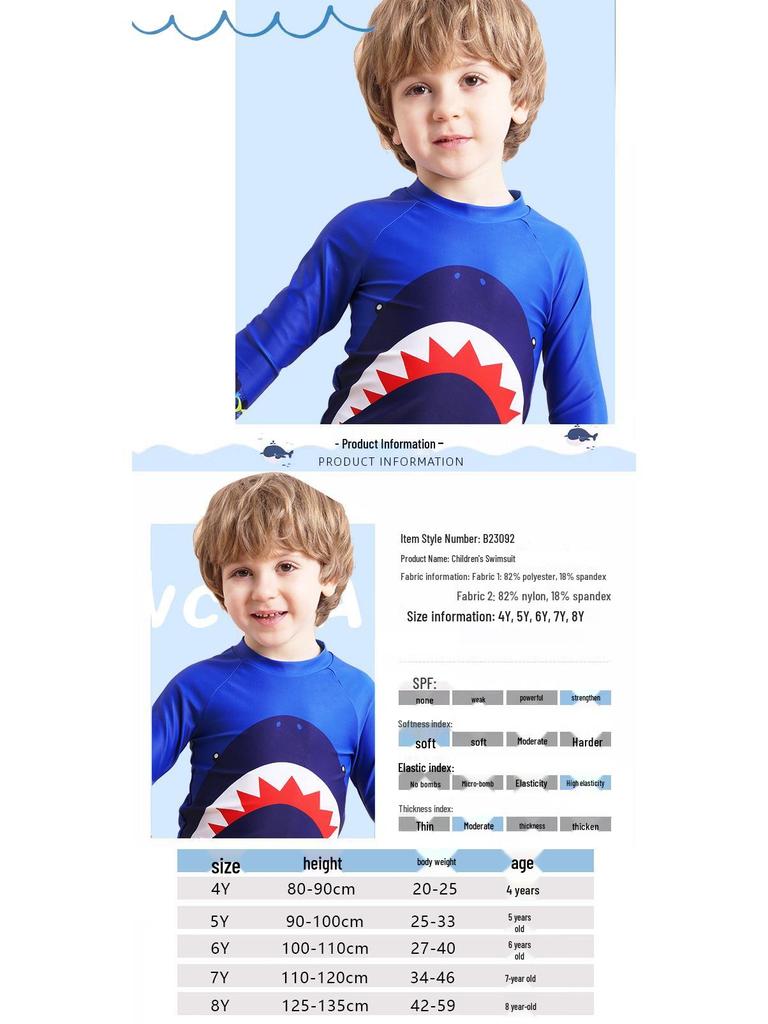 2025 Boys' Shark Print Long Sleeve Two-Piece Swimsuit Set