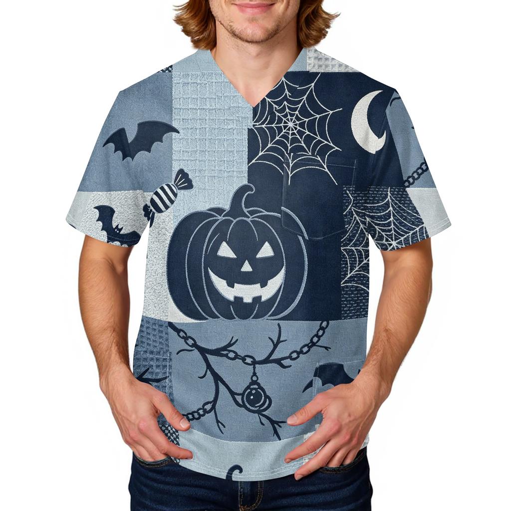 Męski medyczny top scrub na Halloween z nadrukiem, dekolt V, kieszeń, wygodny krój, codzienna odzież robocza dla pracowników służby zdrowia
