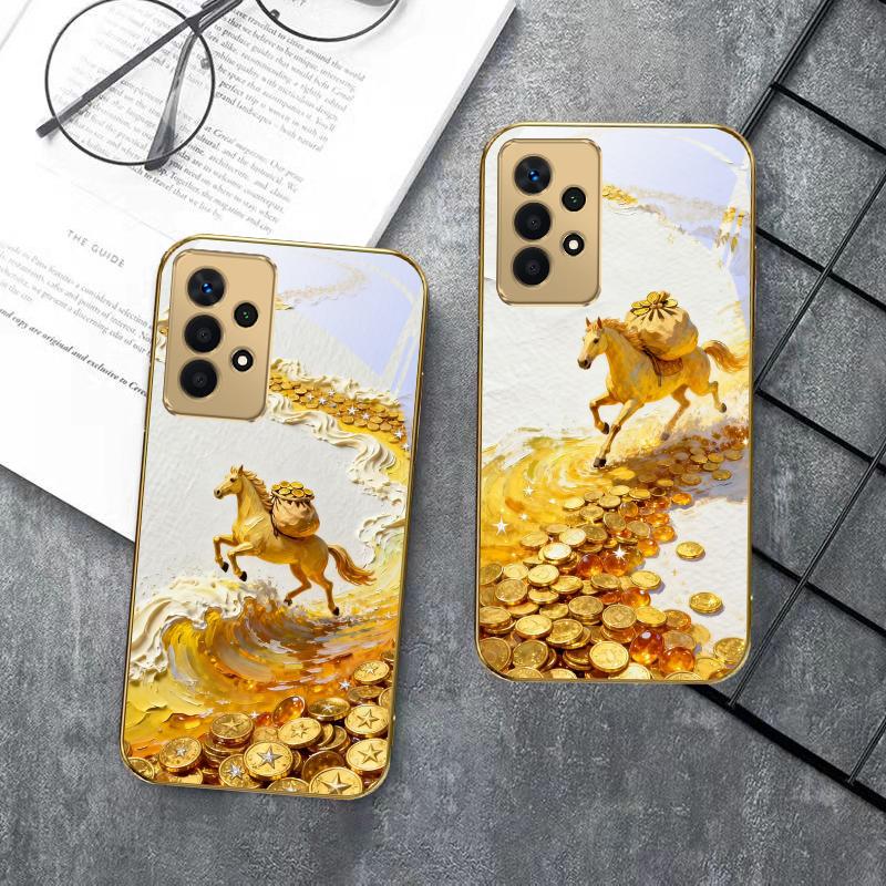 golden galloping horse For Samsung A 01 52S A04 A05S A10 A12 A13 22 23 24 36 42 M02 Note 10 20Ultra 8 9 Golden glass phone case