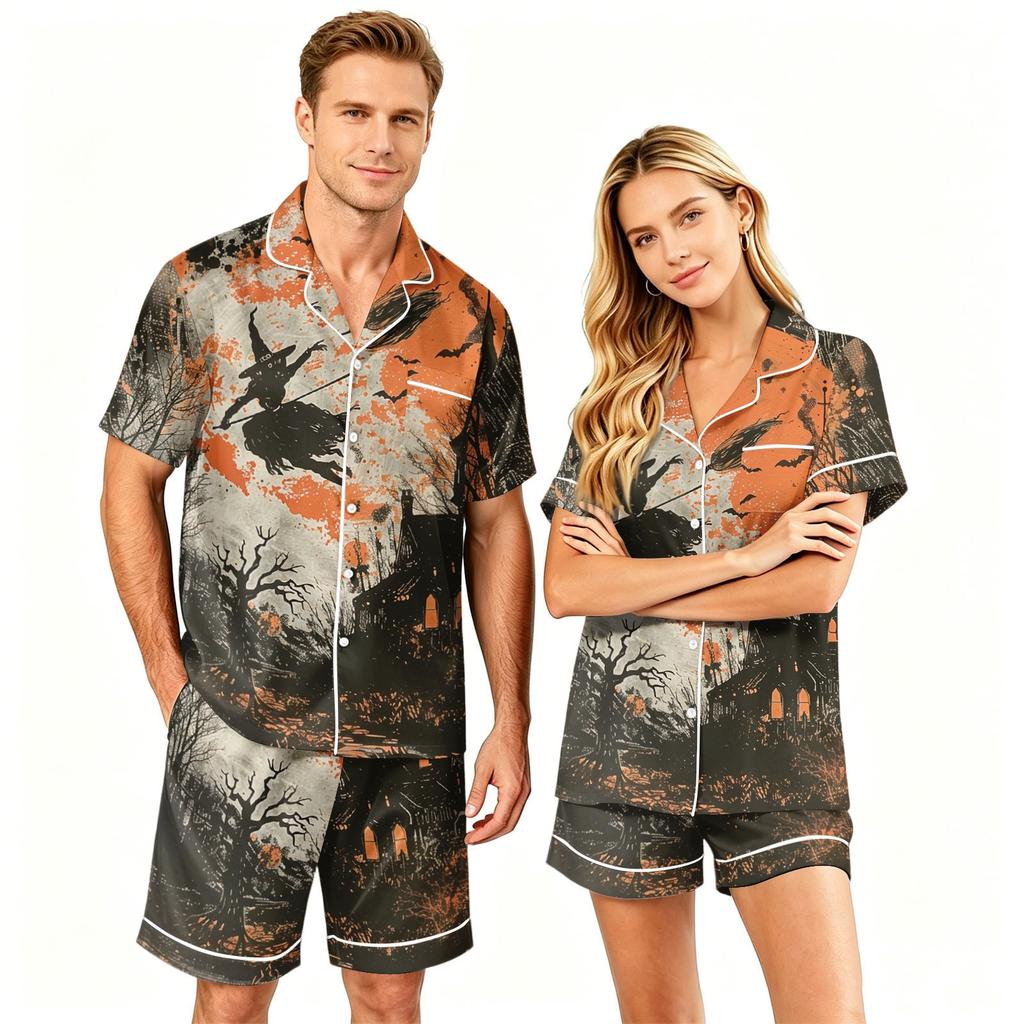 Couple Matching Halloween Pajama Set Short Sleeve Button Down Shirt with Curved Hem and Shorts Soft Casual Sleepwear S To XXXXL