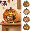 Decorative Hollow Pumpkin Figures Halloween Ghost Tabletop Sign, Wooden House with Mini Decor Scene, Fall Harvest Desktop Ornament for Home
